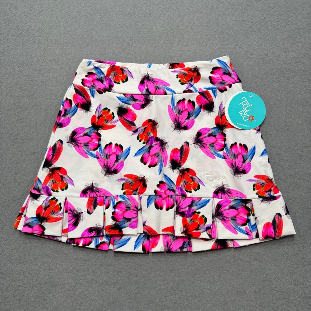 NEW‎ Tzu Tzu Golf Skort Women's XS White Pink Feather Print Pleated Athletic USA